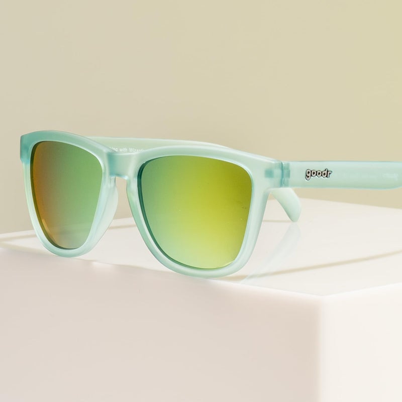 Goodr Sunbathing with Wizards Polarized Sunglasses, Medium Sized (OG), Light Blue Translucent Frames with Gold Mirrored Reflective Lenses, UV400 Protection, No Slip, No Bounce - Image 5